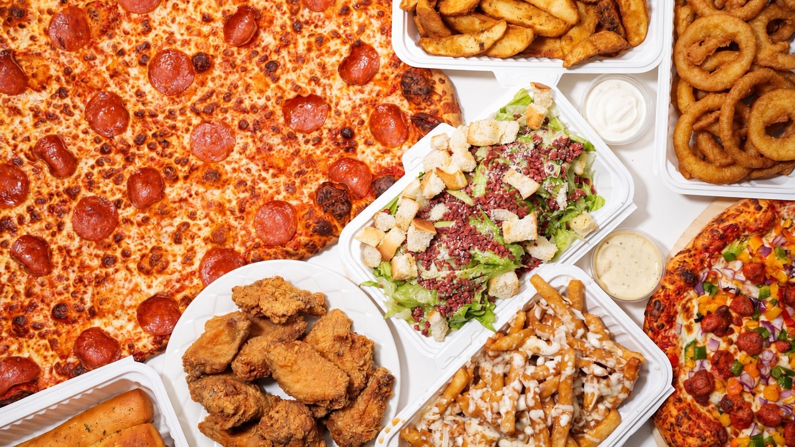 Inferno Pizza catering spread with pizza, wings, salad and sides